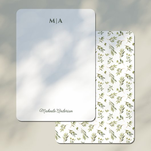 Carte De Correspondance Aquarelle Botanique Olives vertes Monogramme et no