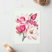 Carte De Correspondance Aquarelle Botanique Rose Magnolia Fleurs (Devant/Arrière en situation)