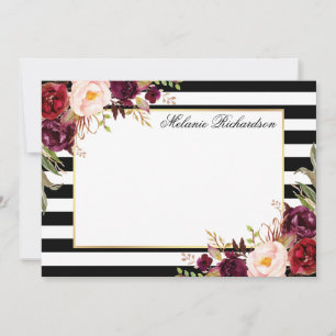 Carte De Correspondance Aquarelle Bourgogne Floral Élégant rayé