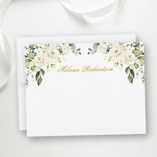Carte De Correspondance Aquarelle Fleurs Blanches Roses Or Personnalisé