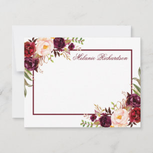 Carte De Correspondance Aquarelle Floral Bourgogne Cadre personnalisé