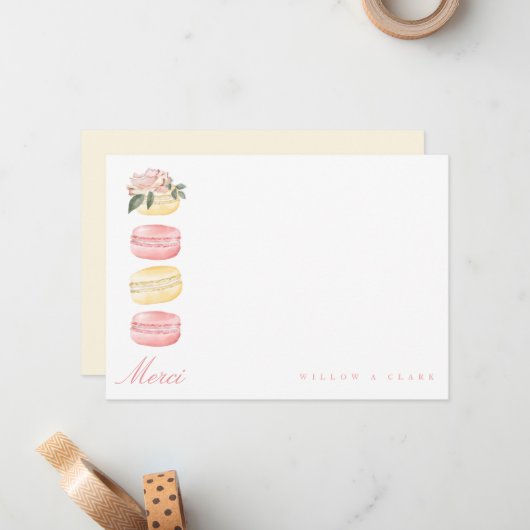 Carte De Correspondance Aquarelle Florale Jaune Macaron Merci/Merci (Devant/Arrière en situation)