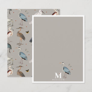 Carte De Correspondance Aquarelle Heron Bird Egret Nature Monogramme