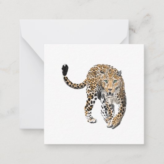 Carte De Correspondance aquarelle léopard jungle chat peint vert animal (Devant)