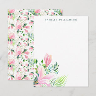 Carte De Correspondance Aquarelle Magnolia Fleur en rose Personnalisé