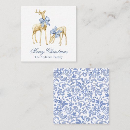 Carte De Correspondance Aquarelle Noël bleu Chinoiserie Bow Reindeer (Devant / Derrière)
