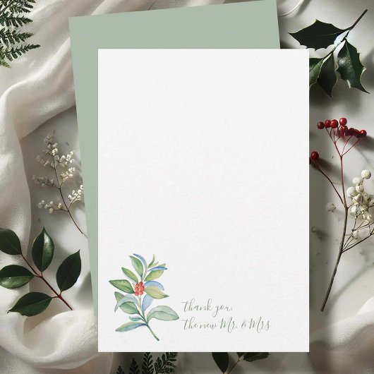 Carte De Correspondance Aquarelle Noël Holly & Berries Merci