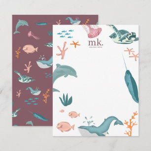 Carte De Correspondance Aquarelle Océan Animaux de mer Monogramme rose