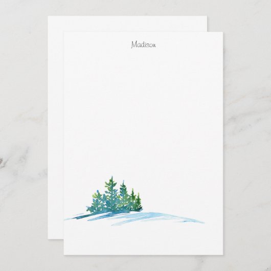Carte De Correspondance Aquarelle Pine Arbres Snowscape (Devant / Derrière)