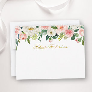 Carte De Correspondance Aquarelle rose blanc Floral Personnalisé Or