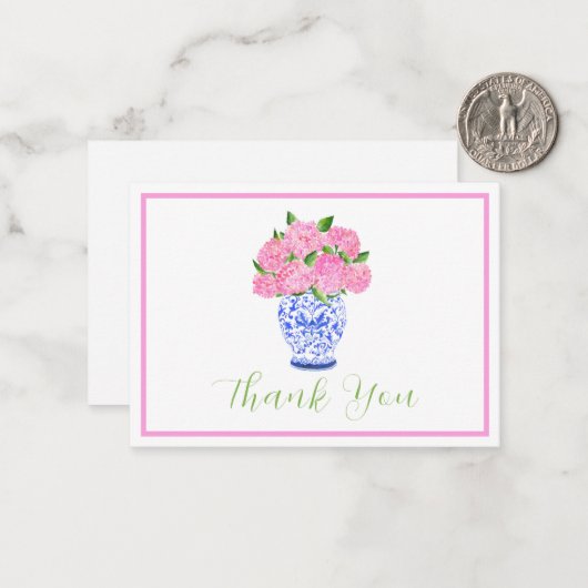 Carte De Correspondance Aquarelle rose Hydrangea Chinoiserie Script Merci (Devant/Arrière en situation)