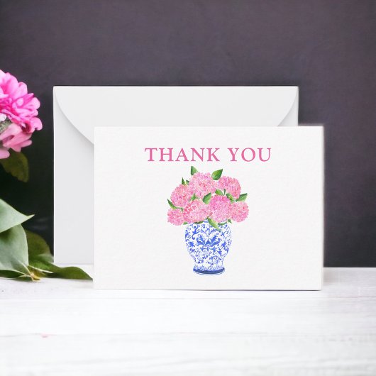 Carte De Correspondance Aquarelle rose Hydrangeas Chinoiserie Merci