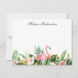 Carte De Correspondance Aquarelle Tropical Floral Flamant rose rose Vert