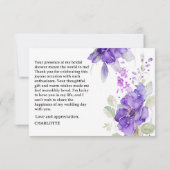 Carte De Correspondance Aquarelle violet Fête des mariées rustique Merci (Dos)