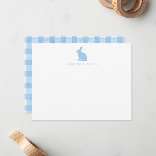 Carte De Correspondance Baby Note Card, Light Blue Bunny Gingham Flat (Devant/Arrière en situation)
