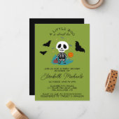 Carte De Correspondance Baby shower | Halloween Lil' Boo Skeleton (Devant/Arrière en situation)