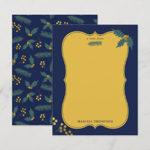 Carte De Correspondance Baies de houx élégantes Noël botanique bleu or