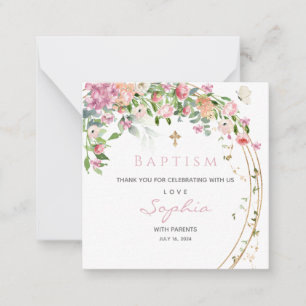Carte De Correspondance Baptême rose Aquarelle Florale fille Merci 