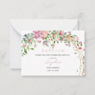 Carte De Correspondance Baptême rose Aquarelle Florale Fille Merci C