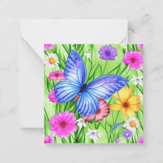 Carte De Correspondance Beau Papillon Bleu avec fleurs Aquarelle (Devant)