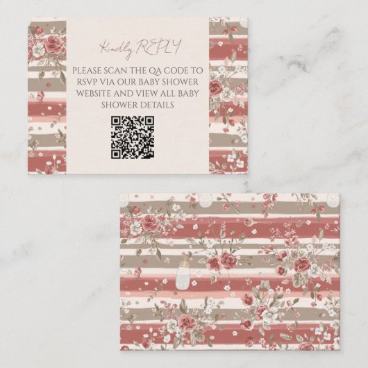 Carte De Correspondance Bébé Fille Rose Poussiéreuse Code QR RSVP (Devant / Derrière)
