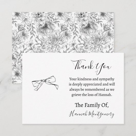 Carte De Correspondance Black Line Florals Funérailles Sympathie Merci (Devant / Derrière)