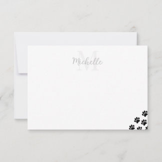 Carte De Correspondance Black Pet Paw Prints Custom Monogram Simple 