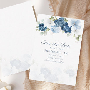 Carte De Correspondance Bleu Dusty Floral Bloom Enregistrer la date Annonc