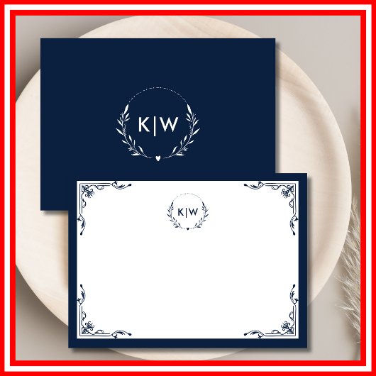 Carte De Correspondance Bleu marine et blanc | Monogramme initiales modern
