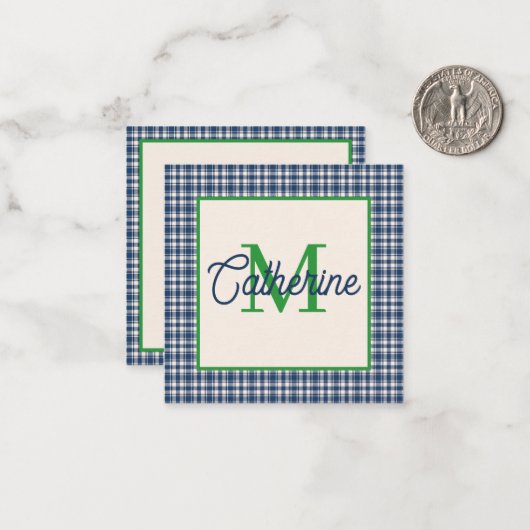 Carte De Correspondance Blue and Green Gingham Plaid Tartan Monogram (Devant/Arrière en situation)