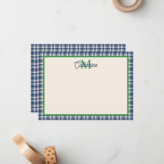 Carte De Correspondance Blue and Green Gingham Plaid Tartan Monogram (Devant/Arrière en situation)