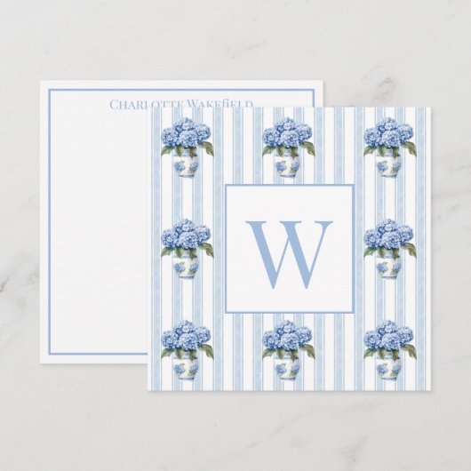 Carte De Correspondance Blue and White Hydrangeas on Stripes Monogram (Devant / Derrière)