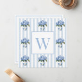 Carte De Correspondance Blue and White Hydrangeas on Stripes Monogram (Devant/Arrière en situation)