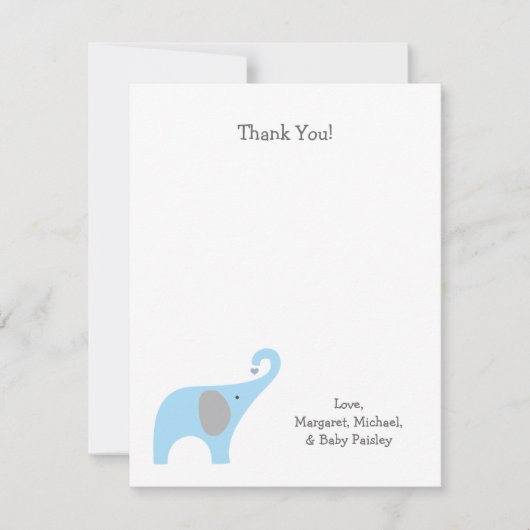 Carte De Correspondance Blue Grey Elephant Baby shower Merci Notes (Devant)