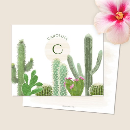 Carte De Correspondance Boho Monogramme Désert Cactus Aquarelle Florale