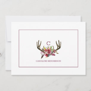 Carte De Correspondance Boho rose Floral Aquarelle Antlers Monogramme
