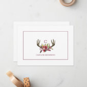 Carte De Correspondance Boho rose Floral Aquarelle Antlers Monogramme (Devant/Arrière en situation)