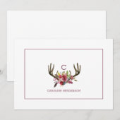 Carte De Correspondance Boho rose Floral Aquarelle Antlers Monogramme (Devant / Derrière)