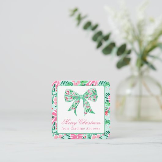 Carte De Correspondance Boîtier cadeau Preppy Rose & Green Christmas Bow (Debout devant)