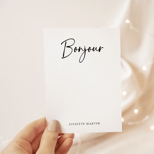 Carte De Correspondance Bonjour | Élégant script français noir et blanc