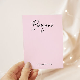 Carte De Correspondance Bonjour   Script français élégant rose et noir
