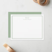 Carte De Correspondance Bordure géométrique Monogramme vert Sage (Devant/Arrière en situation)