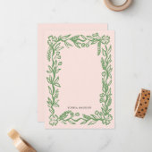 Carte De Correspondance Bordure ondulée florale rose vert (Devant/Arrière en situation)