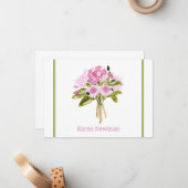 Carte De Correspondance Bouquet Peonies roses Merci frontalier vert (Devant/Arrière en situation)