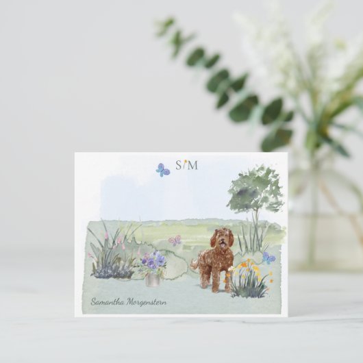 Carte De Correspondance Brown Labradoodle Chien Papillon Monogramme et nom (Debout devant)
