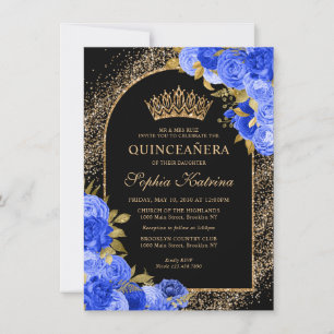 Carte De Correspondance Budget Black Royal Blue Gold Floral Quinceanera