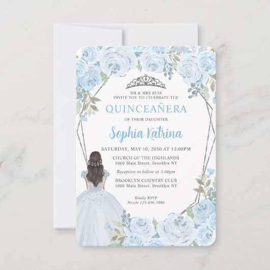 Carte De Correspondance Budget Blue Silver Floral Princesse Quinceañera (Devant)