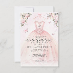 Carte De Correspondance Budget Blush rose Floral Princesse Gown Quinceaner