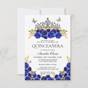 Carte De Correspondance Budget Chic Bleu Floral Argent Tiara Quinceanera