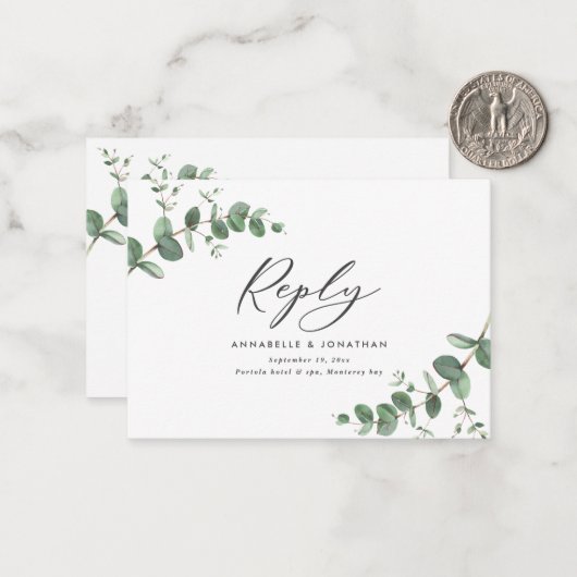 Carte De Correspondance Budget Eucalyptus Verdure Mariage RSVP réponse (Devant/Arrière en situation)